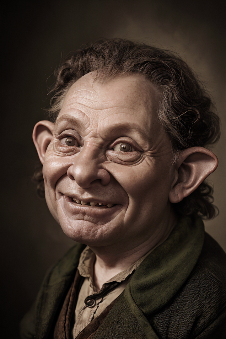 ,(art retouch,  photo surrealism),
Bilbo Baggins
,(realistic, fine art parody) ,(grotesque,caricature:1.2)